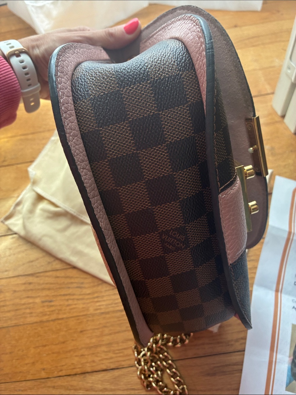 Louis Vuitton Brown Damier Ebene with Pink Center Stripe Chain Crossbody - Picture 9 of 11